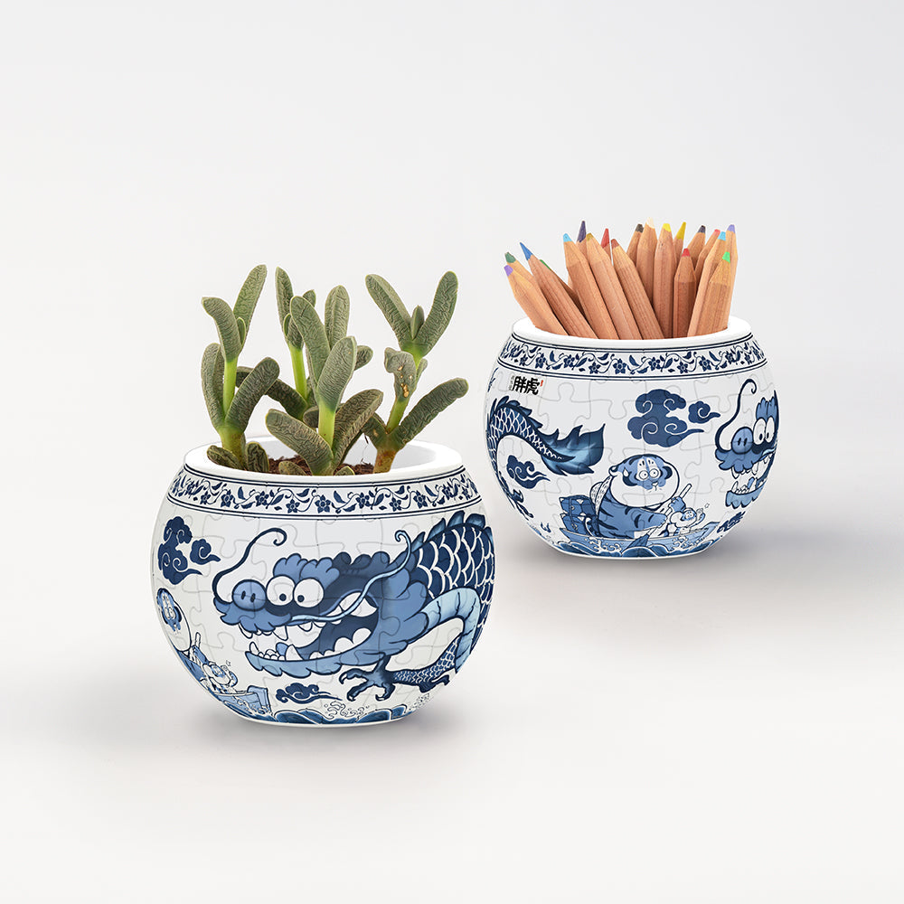 Blue & White - Sky Fat Dragon - Flower Pot Jigsaw Puzzle