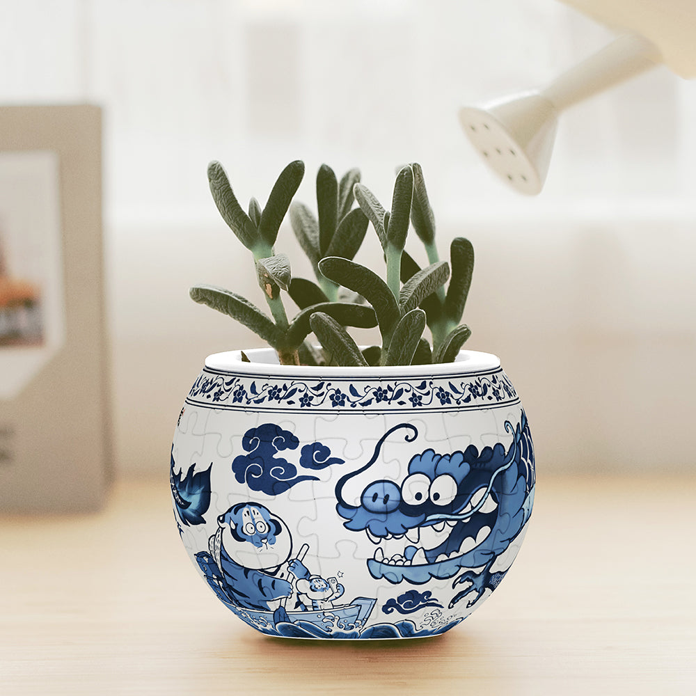 Blue & White - Sky Fat Dragon - Flower Pot Jigsaw Puzzle