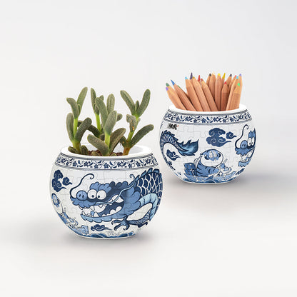 Blue & White - Sky Fat Dragon - Flower Pot Jigsaw Puzzle