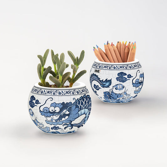 Blue & White - Sky Fat Dragon - Flower Pot Jigsaw Puzzle